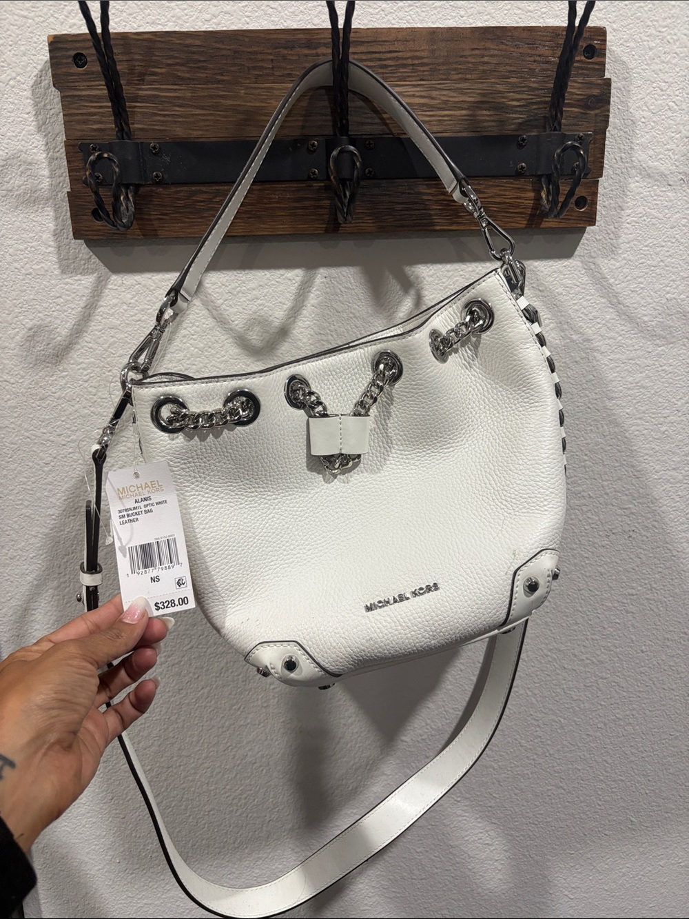 Michael Kors White Pebbled Leather Hobo with Silver Chain Accents